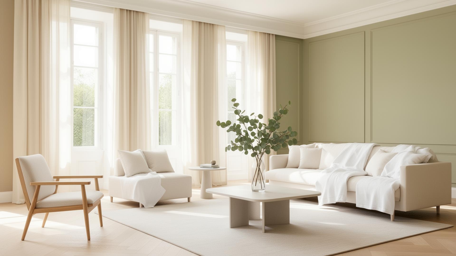Bright, immaculately clean elegant living room with natural light